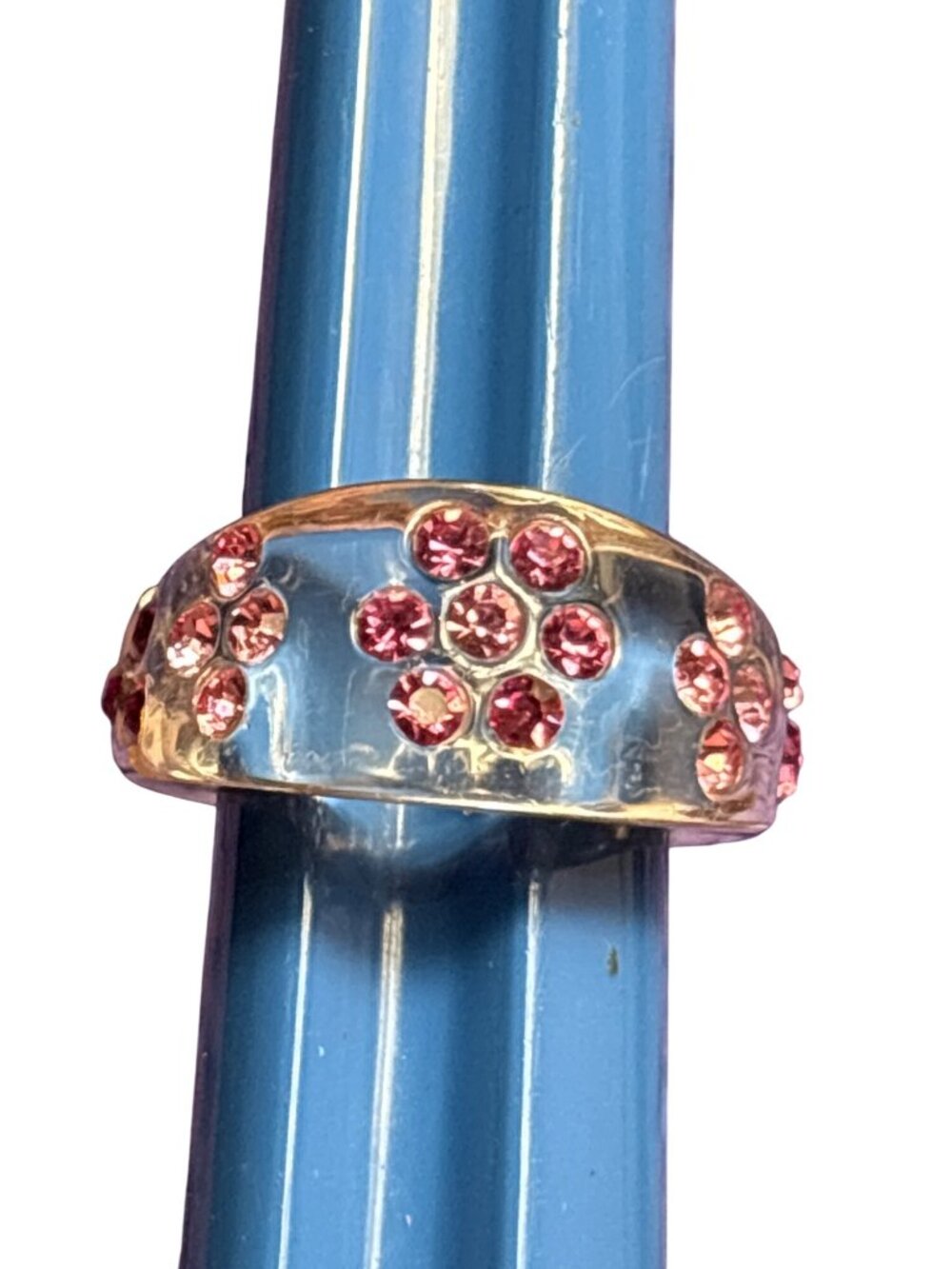 Clear Plastic Ring Size 8 Pink Rhinestone Flowers